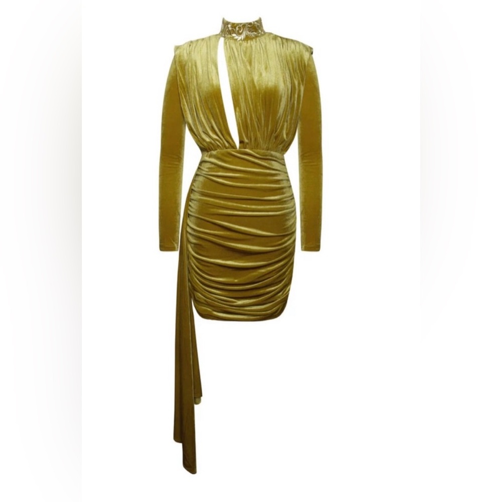 Gracyn Gold Cutout Long Sleeve Draping Velvet Dress